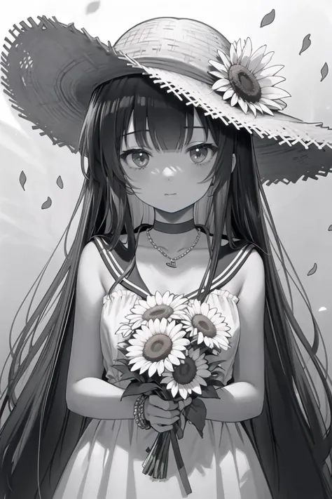 (masterpiece),best quality,1girl, lineart, monochrome, hat, flower, greyscale, sunflower, solo, long hair, dress, looking at viewer, straw hat, jewelry, petals, hand on headwear, holding, bracelet, transparent background, ribbon, sailor dress, holding flower, sailor collar, choker, bangs, very long hair, necklace, closed mouth, sleeveless, sun hat, bouquet
