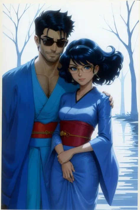 1girl, (cartoon art by Ralph Bakshi:1.2) , 8k Photograph, Sots Art, Cozy, POV shot of a Stunning Aesthetic muscular Syrian (a couple of men:1.3) Musician, they are driving a Car, they have a very wicked smile, dressed in a very Seductive Kimono robes inspired by Issey Miyake, they have Swiss hair, they have a Lace Pakistani dark blue Tiara, Wretched ray-ban glasses, fall woods and water, Stormy weather, Bokeh, Contemporary, Cosy, Nostalgic lighting, still, Fujicolor Superia X-TRA 400, F/1.8, Desaturated, Plain white background, Azure splash, charming Chestnut eyes, intricate detailed face, beautiful, High quality