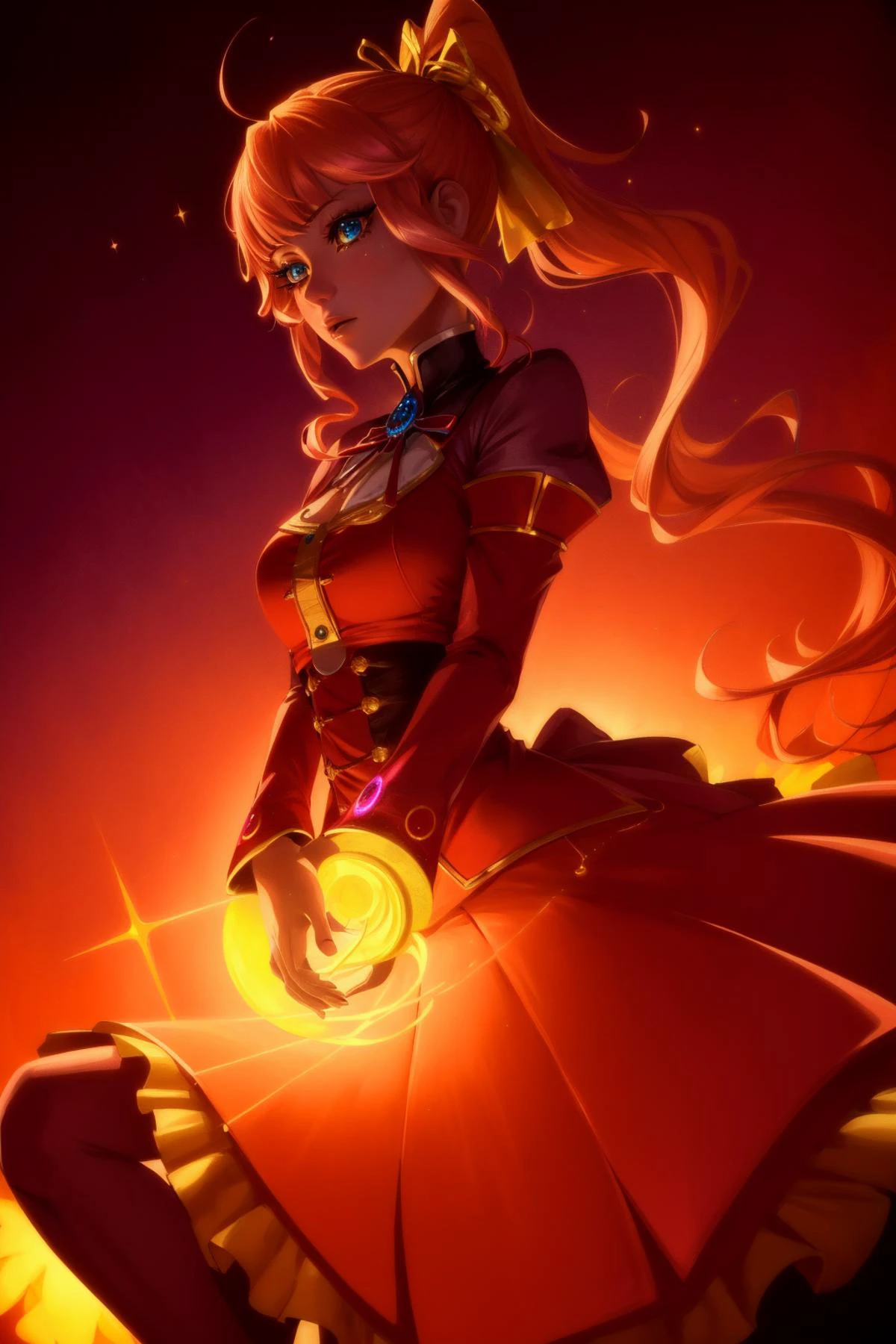 1girl, quantum wavetracing, 4K, Fairy Kei, rainbow swirl, Unsplash, Gutai Group [Substantive|Handsome] plump [Micronesian:Song Dynasty:12] Hunter ([Tove Lo|Sarah Hyland]:1.3) , she is in a Futuristic setting, ð¤, dressed in a very Clockwork [Cozy|Tired] Red Frock coat from the 80's, Tove Lo has Low ponytail hair, vignette, Flickr, elegant, Single Color, de dia los muertos, wallpaper, Hermitpunk, fluorescent blue palette, highly detailed, best quality, Gold Leafing, Best quality, Infrared, Impasto, Pixabay, Gilded, dslr, Neogothic Art, Deep space, extremely beautiful