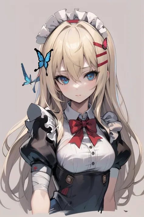 (masterpiece),best quality,portrait,upper_body,1girl,solo,blonde hair,long hair,dress,butterfly hair ornament,bandages,bowtie,striped bow,hair between eyes,puffy sleeves,apron,striped,short sleeves,pantyhose,bandaged arm,alice \(alice in wonderland\),