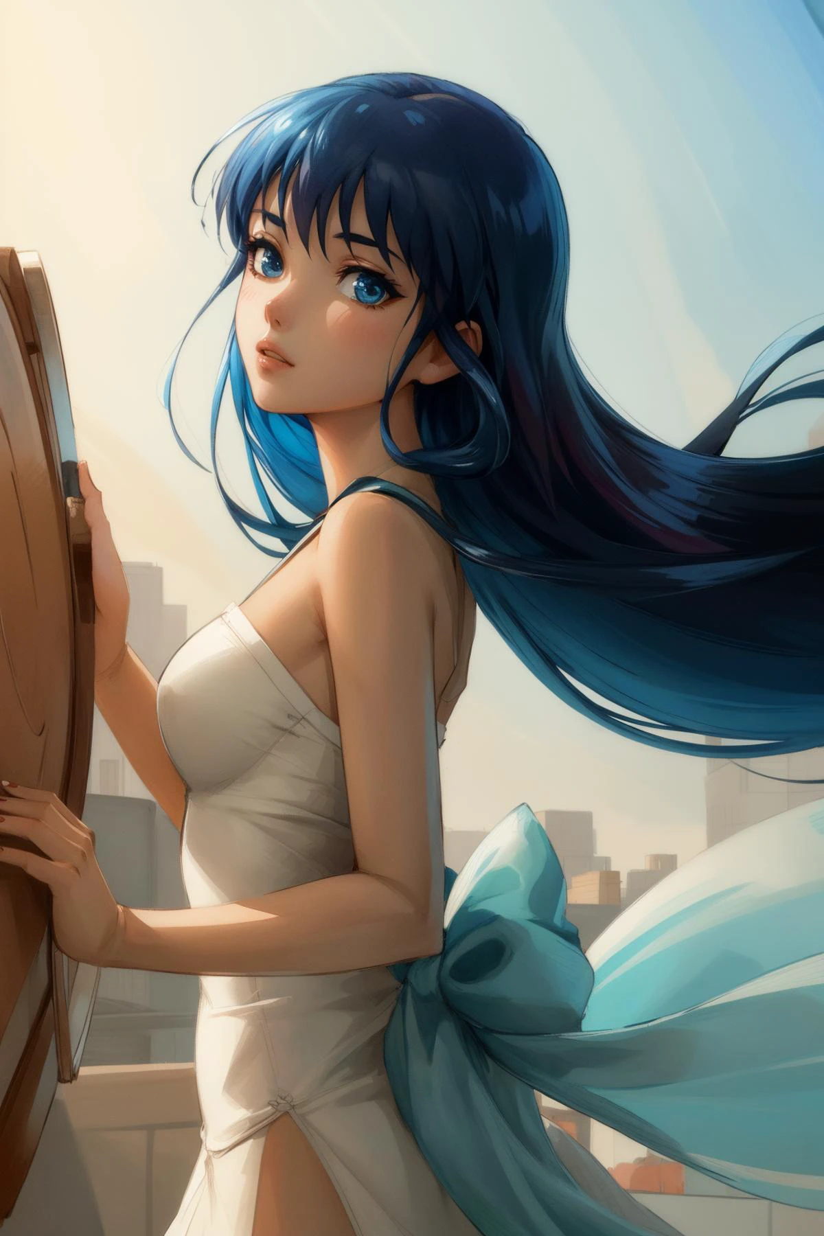 1girl, (by Glen Keane:0.7) , awardwinning Water color painting, (Rust theme:0.7) , rear angle of a [Candid|Refreshing] Witty ("Foolish Burial Goods":1.3) , Cosmic microwave background background, Characteristic city and water, at Midday, shallow depth of field, Fine art, Suffering, Cubism, Warm lighting, Depth of field 270mm, Film Washi, Concept artist, ethereal magical atmosphere, dslr, trending on CGSociety, dreamlike