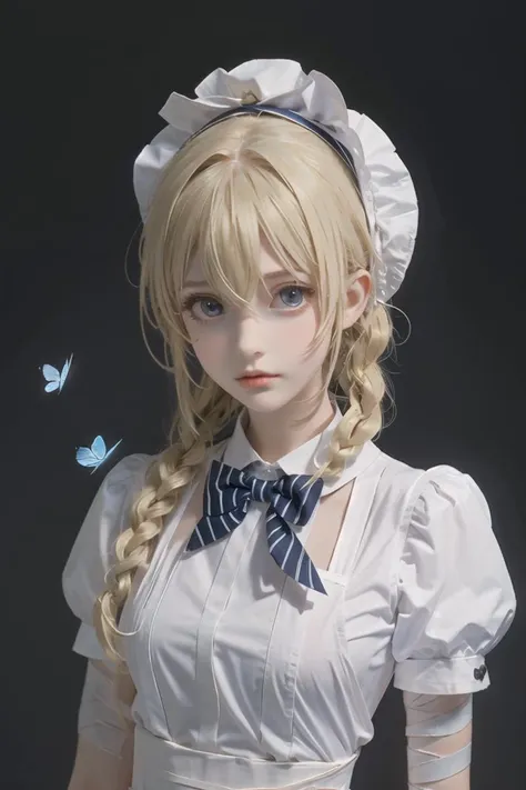 (masterpiece),best quality,portrait,upper_body,1girl,solo,blonde hair,long hair,dress,butterfly hair ornament,bandages,bowtie,striped bow,hair between eyes,puffy sleeves,apron,striped,short sleeves,pantyhose,bandaged arm,alice \(alice in wonderland\),