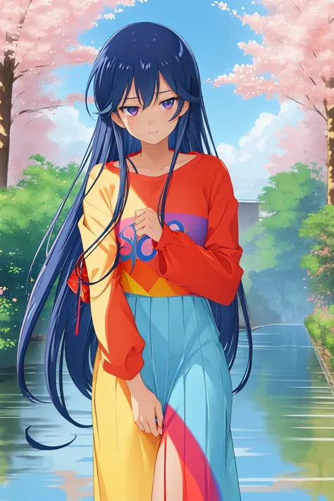 1girl, detailed Unity Engine, Rainbowpunk, Golden ratio, eye-level shot of a ("Frenzy":1.3) , it is very Flowing and Grouchy, plain DayGlo blue background, warm flora with Birch, at Overcast, soft focus, (landscape art by Hiroshi Nagai:1.0) , (Andre Kohn:1.0) , Graphic novel, Embarrassing, fluorescent purple lighting, Depth of field 100mm, Kodak Ektar, Embroidery, dark blue and Arcane splash, most beautiful artwork in the world, extremely detailed CG Unity 8k wallpaper