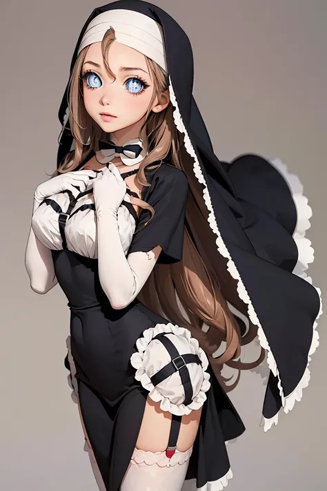 (masterpiece, best quality), 1girl, <lora:sisternana-nvwls-v1:1> sisternana, symbol-shaped pupils, nun, veil, black dress, elbow gloves, white thighhighs