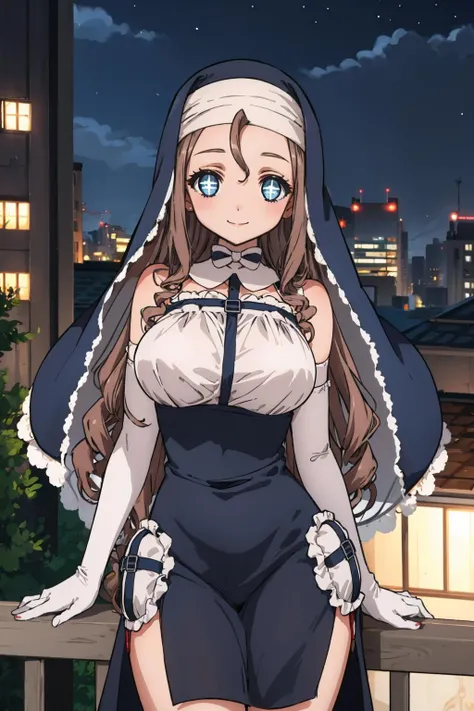 masterpiece, best quality, <lora:sisternana-nvwls-v1-000009:1> sisternana, symbol-shaped pupils, nun, veil, black dress, elbow gloves, large breasts, thighs, looking at viewer, smile, night, city, rooftop, cowboy shot