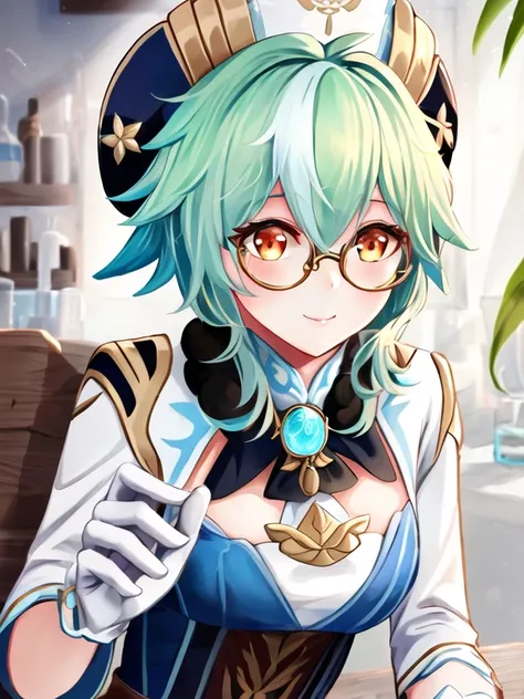 <lora:TsumasakySucrose_v1:0.95> sucrose \(genshin impact\),
masterpiece, realistic digital painting, upper body, perfect feminine face, round glasses, best quality, detailed, stunningly attractive, cute, adorable, moe, chemical laboratory , detailed background, dynamic pose, cinematic lighting, sharp focus, white gloves, vivid colors
<hypernet:aki99-22500:0.7>
