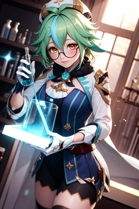 sucrose \(genshin impact\), semi-rimless eyewear, cowboy shot, shy,
(masterpiece, best quality, ultra-detailed), (beautiful detailed face, beautiful detailed eyes, volumetric lighting),
perfect hands, 
1girl, solo, (dutch angle:1.3),
beret, round-bottom flask, pipette, erlenmeyer flask, 
mksks style, (beautiful detailed laboratory, evening :1.2), (light particles, lens flare, chromatic aberration:1.3),