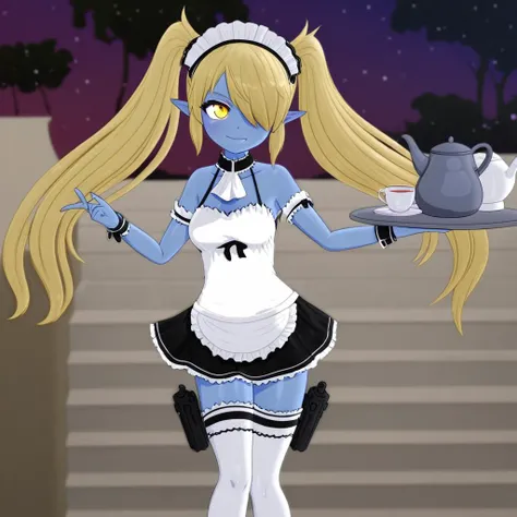 1girl, solo, blue skin,yellow eyes, high twintails, bokeh, messy greenish blonde hair, maid attire, pointy ears, cleavage, frilly maid headband, medium breasts, long apron, <lora:mantis-x_sankaku_da16_20240213_with-txt_pony-v6:0.7>, mini skirt, stitched on leg, eyeshadow, hair over one eye, tray, space background, fountain in background, tea set, kettle, floating pink stairs, sleeveless, detached short sleeves, wrist cuffs, frilly white camisole tube top, apron over stomach, outside, glowing fountain, planetary hologram in background, gun holster on leg, zombie, thighhighs, white ascot, bra strap,