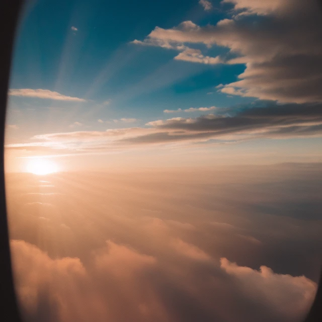 view from an ultra high quality plane,  4k, high definition, beautiful view, [intricate clouds], sun rays shining through the window of the plane