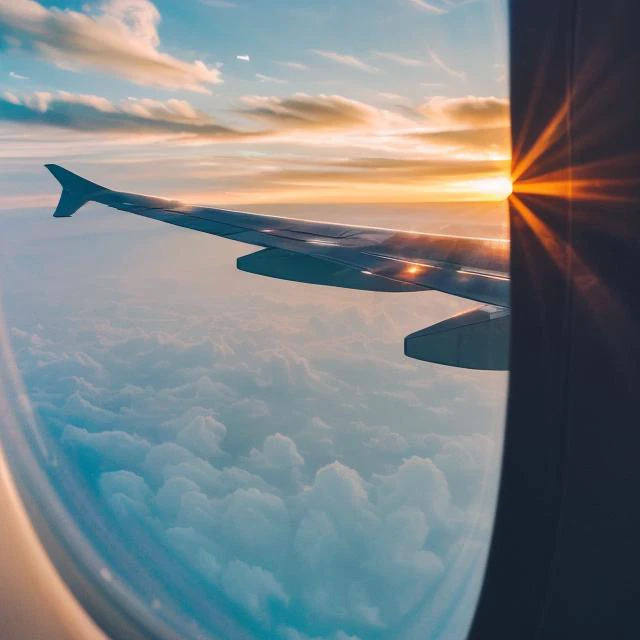 view from an ultra high quality plane flying through the clouds,  4k, high definition, beautiful view, [intricate clouds], sun rays shining through the window of the plane