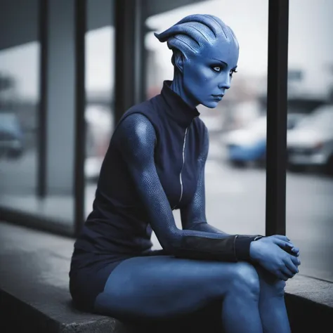 Tall, (thin), Blue Skin Twi'lek with (huge breasts) wearing a sports bra, shorts, huge breasts, tall, graceful, (tall), slim hips, small waist, breast expansion, motion lines