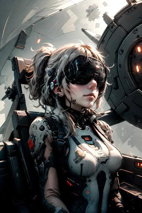best quality, high-res, ultra-detailed, realistic, evil laugh, evil look, cyborg, half machine half human, robot, human, face, left side robot, right side human, left side hair metal dreadlocks, wearing big black headphones, red devil eyes, evil smile