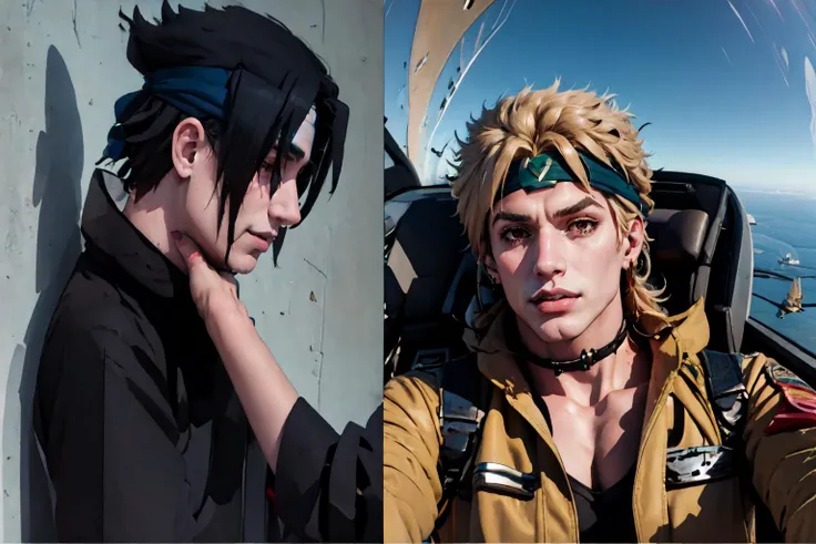 masterpiece, 2boys,
BREAK <lora:SasukeChokeEditsMeme:0.9>, incrschokememe,
BREAK yomama_fighter_jet_pilot_selfie_v2, <lora:yomama_fighter_jet_pilot_selfie_v2:0.85>, dio, jacket, headband, <lora:Char_Sigmas_Dio:0.8>,
