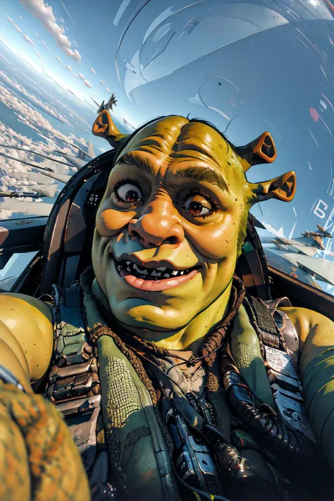 yomama_fighter_jet_pilot_selfie_v2, <lora:yomama_fighter_jet_pilot_selfie_v2:1>, shrex, green skin, ogre, shrek, <lora:Char_Sigmas_Shrek:0.9>, smirk,