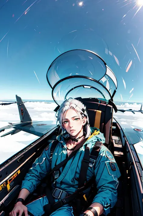 <lora:yomama_fighter_jet_pilot_selfie_v2:1> yomama_fighter_jet_pilot_selfie_v2,  sitting,, ultra detailed, masterpiece, best quality, aesthetic, detailed,, solo, 1boy, teal eyes, <lora:Tsurime3:1>, (tsurime:1.2), parted bangs, white hair, medium hair, straight hair, shoulder-length hair, male focus,
