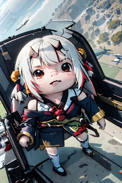 yomama_fighter_jet_pilot_selfie_v2, <lora:yomama_fighter_jet_pilot_selfie_v2:1>, chibi, <lora:Style_Walfie:1.1>, Nakiri Ayame, long hair, double bun, AyameBase, black kimono, hair bell, obi, white thighhighs, bare shoulders, long sleeves, oni mask, mask on head, <lora:Char_VTuber_NakiriAyame:0.85>