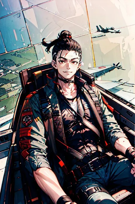 <lora:yomama_fighter_jet_pilot_selfie_v2:1> yomama_fighter_jet_pilot_selfie_v2,  sitting,, ultra detailed, masterpiece, best quality, aesthetic, detailed,, solo, smug smile, 1boy, red eyes, <lora:Tsurime3:0.7>, (tsurime:1.2), black hair, undercut, top knot, parted bangs, long bangs, bangs, short hair, hair intakes, tall,, <lora:StS-Coat-and-Jacket-On-Shoulders-Iteration2:0.7> dataset, jacket on shoulders, (coat on shoulders:1.3), black coat, dress shirt, sleeves rolled up, fingerless gloves, holster, pants, belt, multiple belts, combat boots, bulletproof vest, tactical clothes,