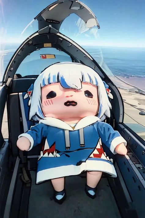 yomama_fighter_jet_pilot_selfie_v2, <lora:yomama_fighter_jet_pilot_selfie_v2:1>, chibi, <lora:Style_Walfie:1.1>, gawr gura, tail, shark tail, blue hoodie, shark print, shark hair ornament, hood, hood up, <lora:Char_VTuber_GawrGura:1>