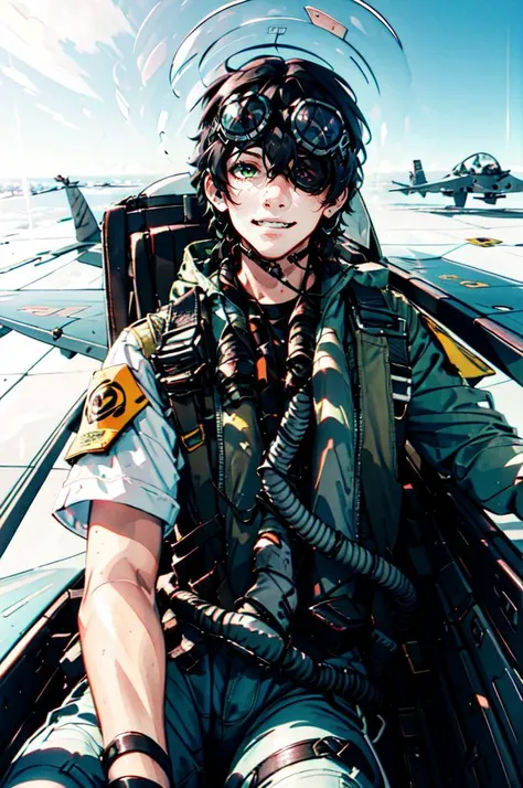<lora:yomama_fighter_jet_pilot_selfie_v2:1> yomama_fighter_jet_pilot_selfie_v2, sitting,, ultra detailed, masterpiece, best quality, aesthetic, detailed,, ultra detailed, masterpiece, best quality, solo, smile, 1boy, green eyes, short hair, black hair, bangs, hair between eyes, messy hair, (goggles on head:1.2),
