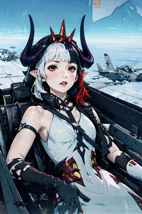 sdsHel, multicolored hair, horns, crown, bare shoulders, white dress, armored dress, single glove, <lora:Char_7DS_Hel:0.85>, yomama_fighter_jet_pilot_selfie_v2, <lora:Pos_FighterJetSelfie:1>, cockpit,