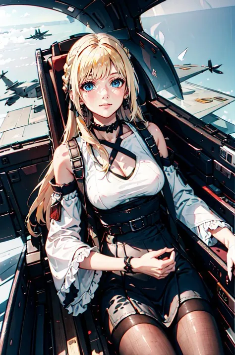 <lora:yomama_fighter_jet_pilot_selfie_v2:1> yomama_fighter_jet_pilot_selfie_v2,, ultra detailed, masterpiece, best quality, aesthetic, detailed,, solo, soft smile, light smile,
1girl, blue eyes, very long hair, blonde hair, long blonde hair, french braid, bangs, medium breasts,, hair ribbon, frilled choker, criss-cross halter, sleeveless dress, high-waist skirt, backless dress, waist bow, detached sleeves, frilled sleeves, wide sleeves, pantyhose, patterned legwear, mary janes,