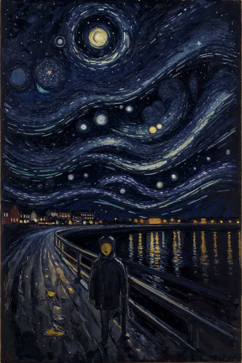 em,<lora:edvard:1>,edvard munch,cityscape,starry sky, moon,night,neon lights, meteor, (masterpiece, best quality, high quality, highres, ultra-detailed),