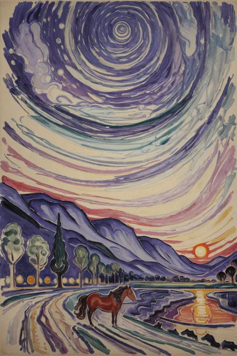 em,forest,trees,horses,grass,mountain,no human,lake,sunset,<lora:edvard:1>,edvard munch,, (masterpiece, best quality, high quality, highres, ultra-detailed),