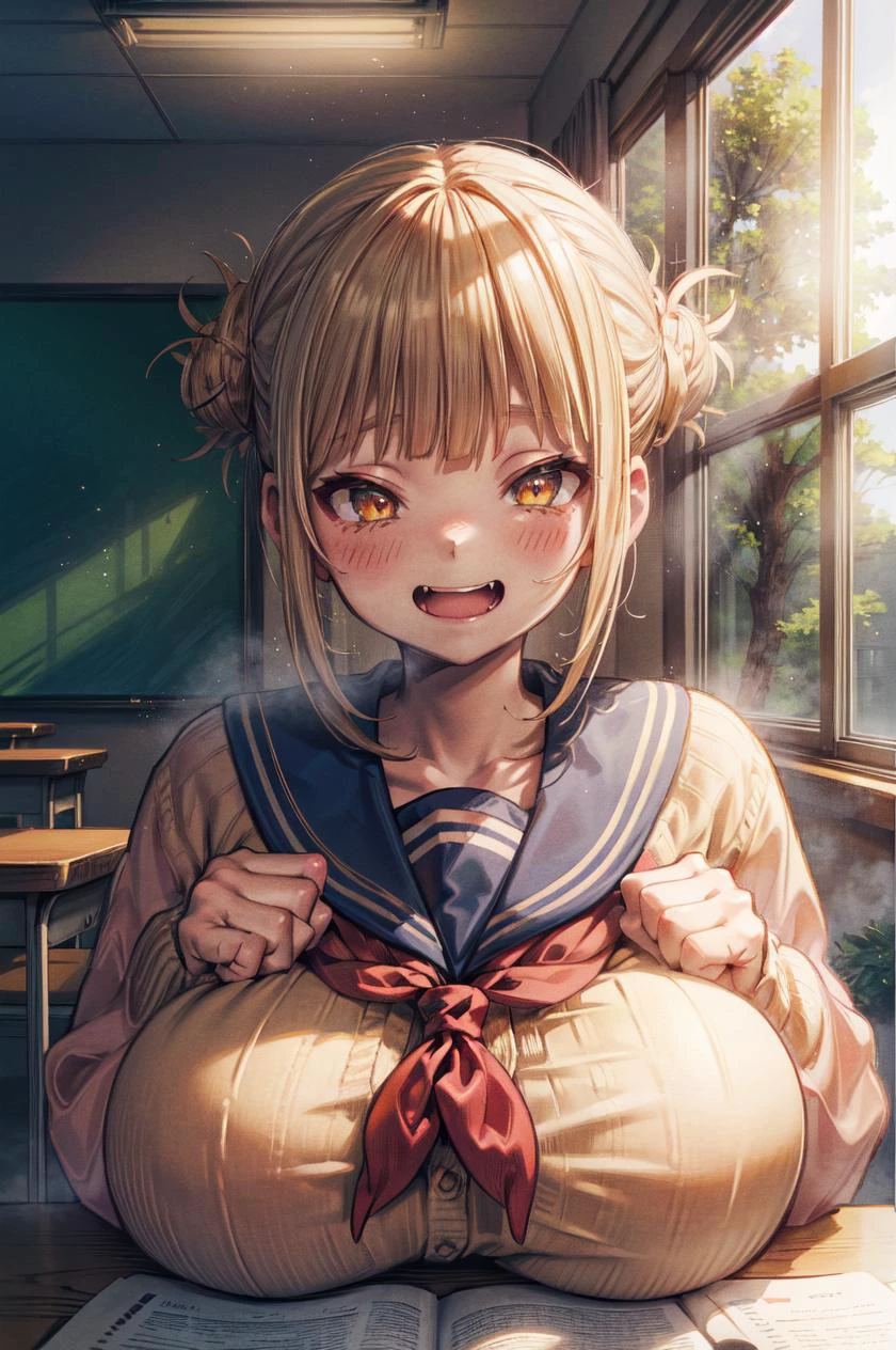 detailed illustration, close up, of a mature chubby woman, toga himikotoga himiko, gigantic breasts, school uniform, open mouth, smile, bangs, blush, blunt bangs, neckerchief, serafuku, red neckerchief, sailor collar, looking at viewer, long sleeves, cardigan, fangs, indoors, classroom, cinematic lighting, hires, volumetric lighting, highly detailed background, masterpiece, <lora:add_detail:0.5> <lora:hairdetailer:0.5> <lora:toga_himiko_v1:1>