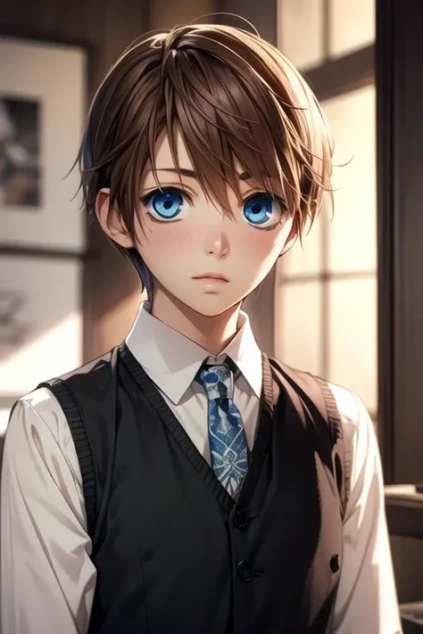 masterpiece, best quality, photorealistic, 1boy, solo, male focus, looking at viewer, upper body, , , , <lora:yuzu_hybrid_child:0.74>, yuzu_hybrid_child, brown hair, blue eyes, waistcoat, , ,