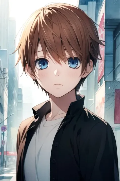 masterpiece, best quality, , 1boy, solo, male focus, looking at viewer, upper body, , (watercolor illustration, soft pastel colors:1.1), realistic, <lora:yuzu_hybrid_child:0.74>, yuzu_hybrid_child, brown hair, blue eyes, , , cyberpunk,