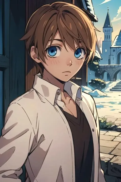 masterpiece, best quality, illustration, 1boy, solo, male focus, looking at viewer, upper body, depth of field, , , <lora:yuzu_hybrid_child:0.66>, yuzu_hybrid_child, brown hair, blue eyes, , Narnia: A land of talking animals and magical creatures, ruled by Aslan the lion, Blu-ray