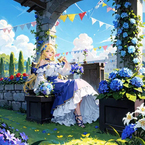 best quality, ultra detailed,blue_flower, flower, hydrangea, lily_\(flower\), plant, white_flower, daisy, purple_flower, blue_rose, 1girl, yellow_flower, morning_glory, potted_plant, hair_flower, dandelion, flower_field, leaf, sky, outdoors, blue_sky, grass, day, solo, flower_pot, tulip, smile, holding_flower, long_hair, rose, palm_tree, watering_can, field, skirt, blue_bow, blue_ribbon, tree, bouquet, open_mouth, hair_ornament, looking_at_viewer, bare_shoulders, blue_skirt, vines, green_flower, long_sleeves, garden, white_rose, holding_bouquet, sitting, ivy, pink_flower, :d, bangs, frills, white_shirt, lily_of_the_valley, shirt, orange_flower, bare_legs, blue_butterfly, off_shoulder, rainbow, breasts, branch, ribbon, blonde_hair, off-shoulder_shirt, on_grass, flower_wreath, puffy_sleeves, vase, blush, very_long_hair, purple_rose, frilled_skirt, wreath, a girl in a blue dress is sitting on a tree branch with flowers in her hair and a blue flower in her hair, Alice Prin, anime art, a detailed painting, rococo