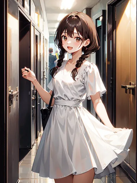 TEST, 
1 girl, best quality, ultra detailed, (minor:1.2), 
dark brown hair, twin braids, dark brown eyes, round eyes, :d, medium breasts, 
from front, cowboy shot, standing, 
white dress, 
Indoor, corridor, depth of field