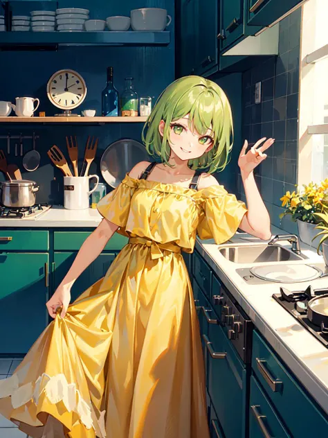 Random 1, 
1 girl, best quality, high quality, ultra detailed, (minor:1.2), round eyes, 
happy, smile, medium breast, 
green hair, medium hair, , , 
Full Shot, cowboy shot, resting on a diagonal, 
yellow dress, long dress, , 
in a 1950s kitchen