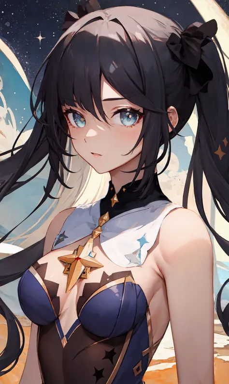 (masterpiece), (best quality), (ultra detailed),(disheveled hair),(illustration), (1girl), standing,looking at viewer, (interview), (detailed background),beautiful_detailed_eyes,delicate beautiful face,(high saturation),(colorful splashes),(shining),focus on face, <lora:Mona_mediumpruned:0.8>, mona \(genshin impact\), black hair, bodysuit, seaside, pier, medium breasts, star \(symbol\), sleeveless, leotard, upper body, galaxy, milky way, night sky, starry sky, twintails