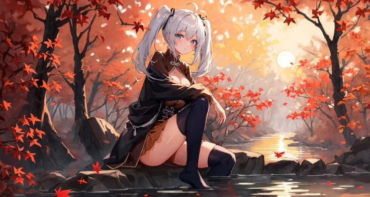 {{masterpiece}}, shiny skin,looking at viewer,best quality,highly detailed,extremely detailed CG unity 8k wallpaper,1girl, full body,torogao,skinny,ahoge,vaginal,sitting in forest, red autumn leaves, sunset, blue sky, autumn leaves, blue eyes, white hair, black chinese clothes, sex,holding, black thighhighs, twintails, ribbon, medium breasts, river near the forest, bright eyes,