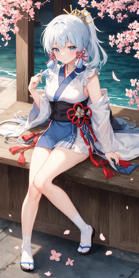 {{masterpiece}}, shiny skin,best quality,highly detailed,extremely detailed CG unity 8k wallpaper,1girl, full body,torogao,skinny,small breasts,Kamisato Ayaka\(genshin impact\),ponytail, straight bangs,white hair, blue eyes,no shoes, bare legs, japanese hair ornament,teenage,cherry blossoms,