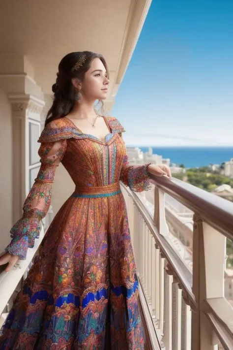 photograph of a woman, standing on a balcony, GracieKASMR , long colorful detailed dress, stunning environment, ultra realistic, concept art, elegant, ((intricate)), ((highly detailed)), depth of field, (((professionally color graded))), 8k, 85mm, f/1. 8, art by artgerm and greg rutkowski and alphonse mucha<lora:GracieKASMR:1.0>