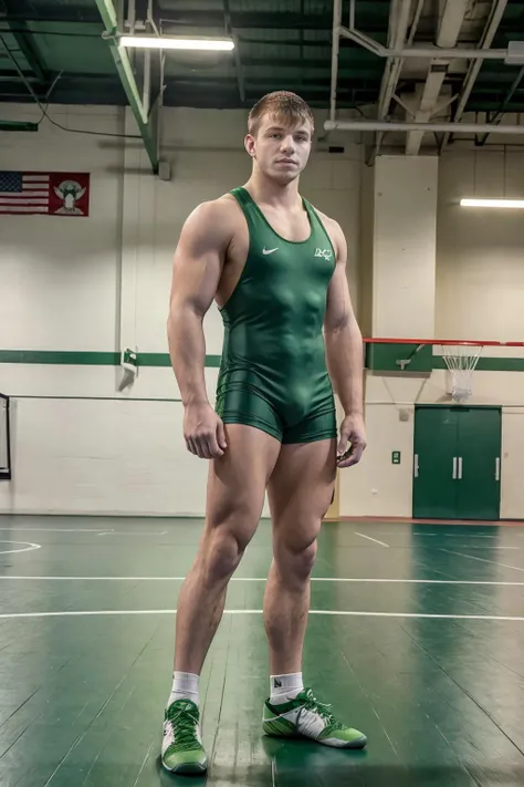 college gymnasium, high ceiling, standing on a wrestling mat, BrettSwanson is a wrestler, wearing kelly green (men's wrestling singlet), wrestling shoes, (((full body portrait))), wide angle <lora:BrettSwanson:0.8> <lora:wrestlingsinglet_v1:0.25>