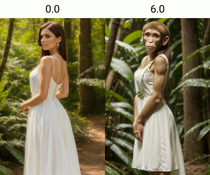 a beautiful woman, white dress, arms looking at viewer , high res, 8k, 4k, detailed, intricate, in a forest, detailed background<lora:monkey_slider_v10:0.0> , green plant