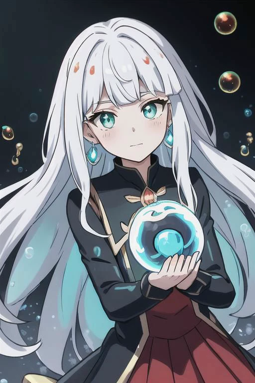 underwater, sunlit, weak lights and shadows, (copper) and (dark blue) and dark green, anime game, copper, gold, red (iridescent bubbles), black yellow crystal, sliver (chromatic bubbles), close up, 1girl, red glow eyes, white face, red leggings, copper, beautiful face, white long hair, red dress, soaps gold, copper tie, earrings, copper, glow radiance collard, golden-sliver, red dress, long dress, black pleated skirt, sliver shiny ground, transcend sliver, close up, face focus, 1girl, beautiful face, white face, white hair, red earrings, she is wearing see-through coat, - underwater, ((iridescent bubbles)), - sunlit, weak lights and shadows, blue-green, underwater, (copper) and (dark blue) and dark green, copper, green, blue underwater,
