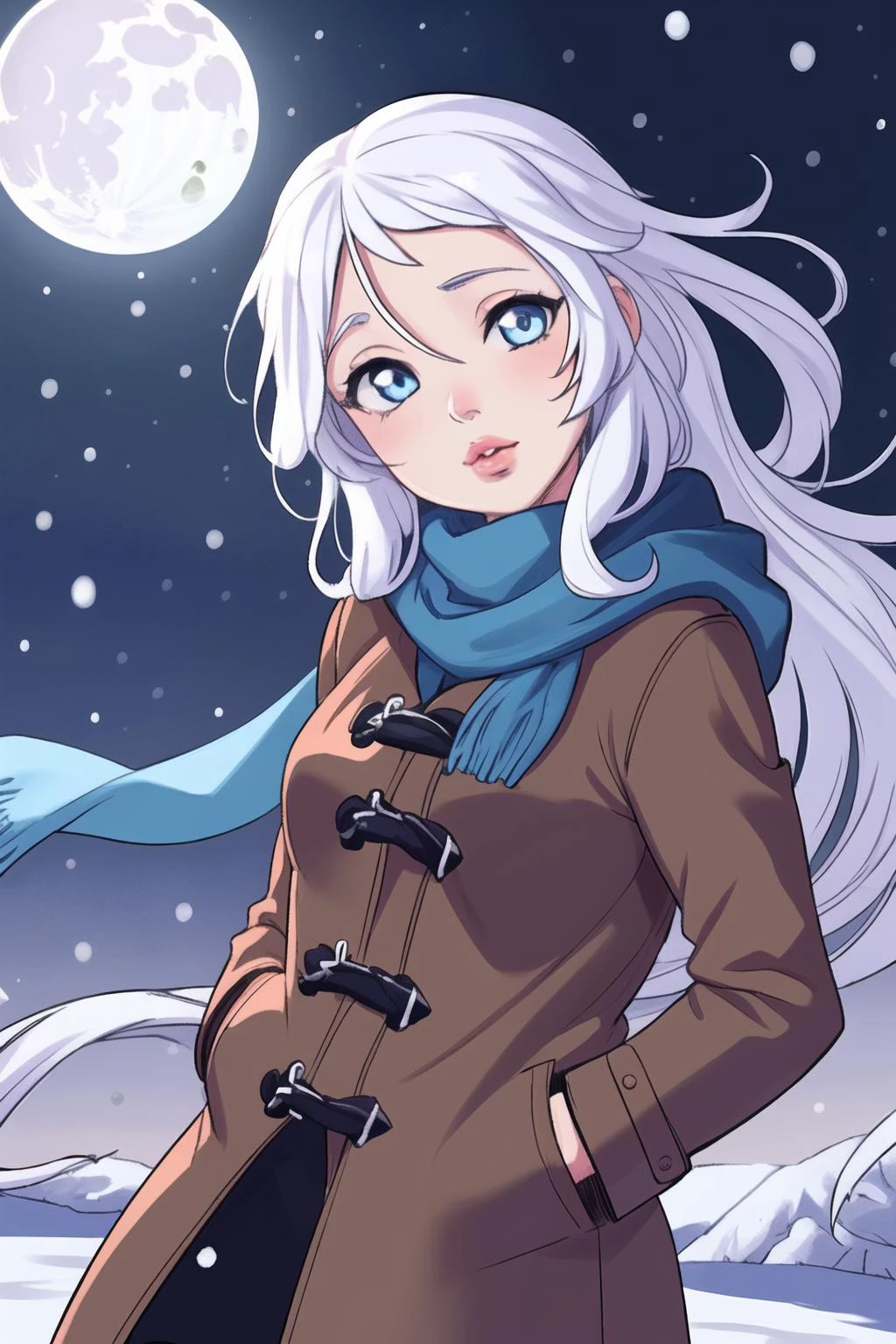 best quality,masterpiece,1girl,solo,lips,vividanime,head tilt,winter coat,snow,moon,night sky,blue eyes,hood,hands in pockets,long white hair,wind,floating scarf,snowing,<lora:VividAnimeV1.6:0.7>,