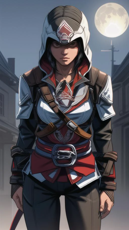 (Female Assassin:1.2) wearing (assassins creed style leather outfit:1.5), (rim lighting, studio lighting, distant moon light, night, bloom), (cinematic, best quality, masterpiece, ultra HD textures, highly detailed, intricate detail, 8k, concept art, matte painting, autodesk maya, vray render, ray tracing, hdr), techwear, urbansamurai, high tech body armor, cyborg in a cyberhelmet head, <lora:add_detail:.6>