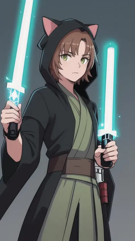 a (master jedi cat:1.5) in star wars (holding a lightsaber:1.4), wearing a jedi cloak hood (cat:1.3),