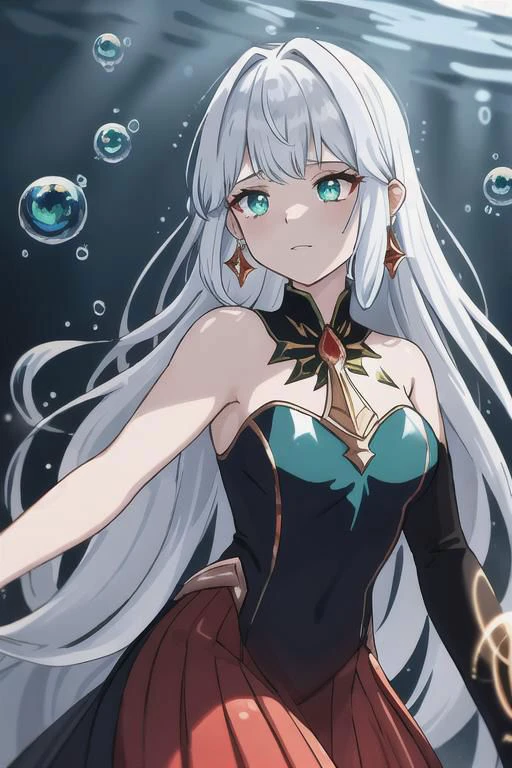 underwater, sunlit, weak lights and shadows, (copper) and (dark blue) and dark green, anime game, copper, gold, red (iridescent bubbles), black yellow crystal, sliver (chromatic bubbles), close up, 1girl, red glow eyes, white face, red leggings, copper, beautiful face, white long hair, red dress, soaps gold, copper tie, earrings, copper, glow radiance collard, golden-sliver, red dress, long dress, black pleated skirt, sliver shiny ground, transcend sliver, close up, face focus, 1girl, beautiful face, white face, white hair, red earrings, she is wearing see-through coat, - underwater, ((iridescent bubbles)), - sunlit, weak lights and shadows, blue-green, underwater, (copper) and (dark blue) and dark green, copper, green, blue underwater,