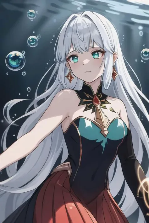 underwater,  sunlit, weak lights and shadows, (copper) and (dark blue) and dark green, anime game, copper, gold, red (iridescent bubbles), black yellow crystal, sliver (chromatic bubbles), close up, 1girl, red glow eyes, white face, red leggings, copper, beautiful face, white long hair, red dress, soaps gold, copper tie, earrings, copper, glow radiance collard, golden-sliver, red dress, long dress, black pleated skirt, sliver shiny ground, transcend sliver, close up, face focus, 1girl, beautiful face, white face, white hair, red earrings, she is wearing see-through coat, - underwater, ((iridescent bubbles)), - sunlit, weak lights and shadows, blue-green, underwater,  (copper) and (dark blue) and dark green, copper, green, blue underwater,