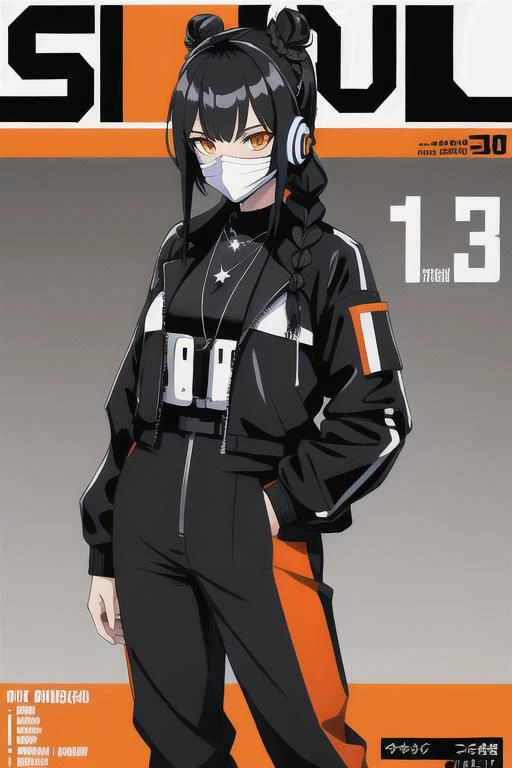 anime game, magazine cover:, realistic, original, masterpiece, best quality, beautiful clean face, fullbody, 1woman, (wearing black and white and cobalt scifi techmask and headphones with complex electronics), wearing black meta techwear jacket and orange trousers with buckle and tape, (deluxe crystal necklace), posing for a picture, (white braided bun hair),