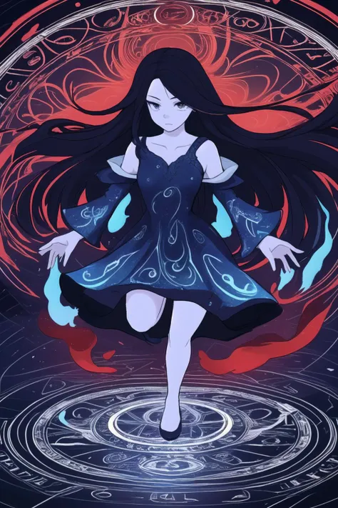 best quality,masterpiece,1girl,wizard, energy swirling, magic circle, intricate dress, long hair, wind,abstract background, red and blue theme