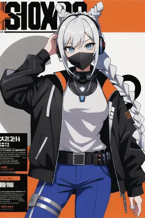 anime game, magazine cover:, realistic, original, masterpiece, best quality, beautiful clean face, fullbody, 1woman, (wearing black and white and cobalt scifi techmask and headphones with complex electronics), wearing black meta techwear jacket and orange trousers with buckle and tape, detector device, (deluxe crystal necklace), posing for a picture, (white braided bun hair),