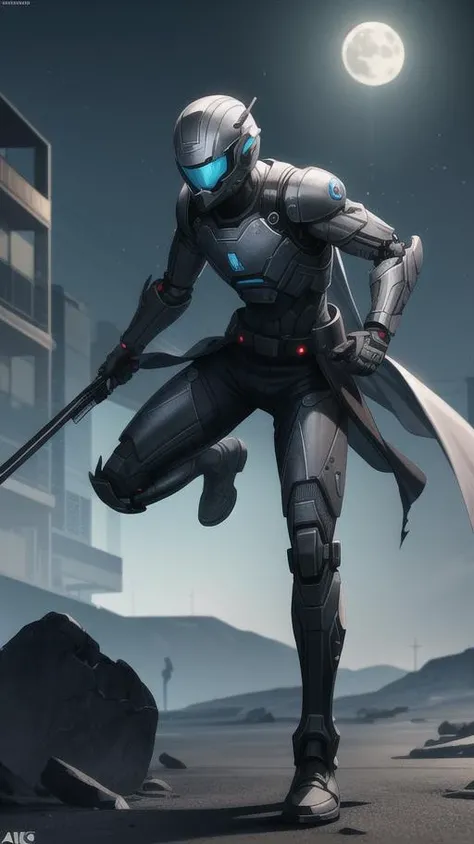 (full body, (dynamic pose), action pose), (female android humanoid), (flowing torn thick cloth cloak), (rim lighting, studio lighting, distant moon light, night, bloom), (cinematic, best quality, masterpiece, ultra HD textures, highly detailed, intricate detail, 8k, concept art, matte painting, autodesk maya, vray render, ray tracing, hdr), techwear, urbansamurai, high tech body armor, cyborg in a cyberhelmet head, <lora:add_detail:.6>